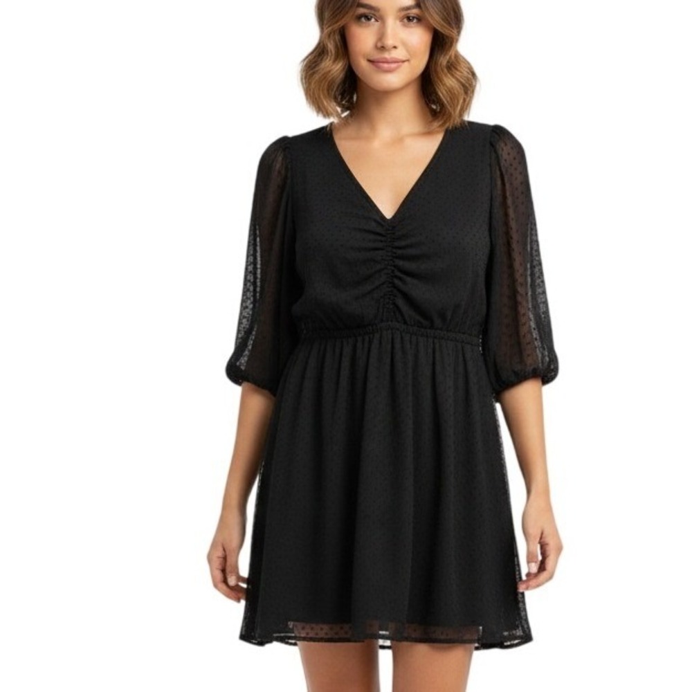 Zara Black Swiss Dot V Neck Ruched Elastic Waist Midi Dress Women Small Casual